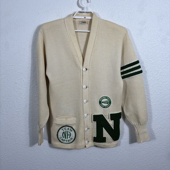 Vintage 1950s Lettermans Lanza Cardigan Sweater Small Wool Team Captain *Spots